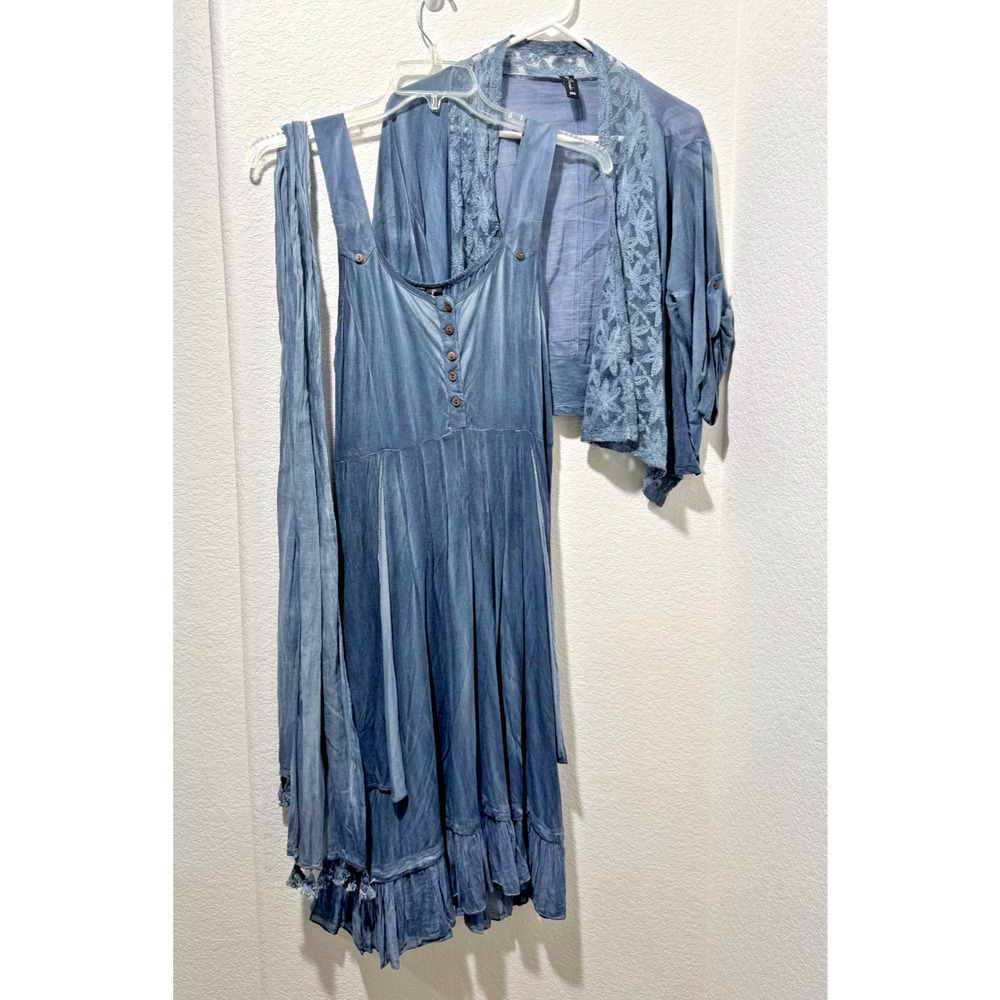 SACRED THREADS Embroidered Lace Tie Back Midi Dress w Jacket & Scarf Boho S/M